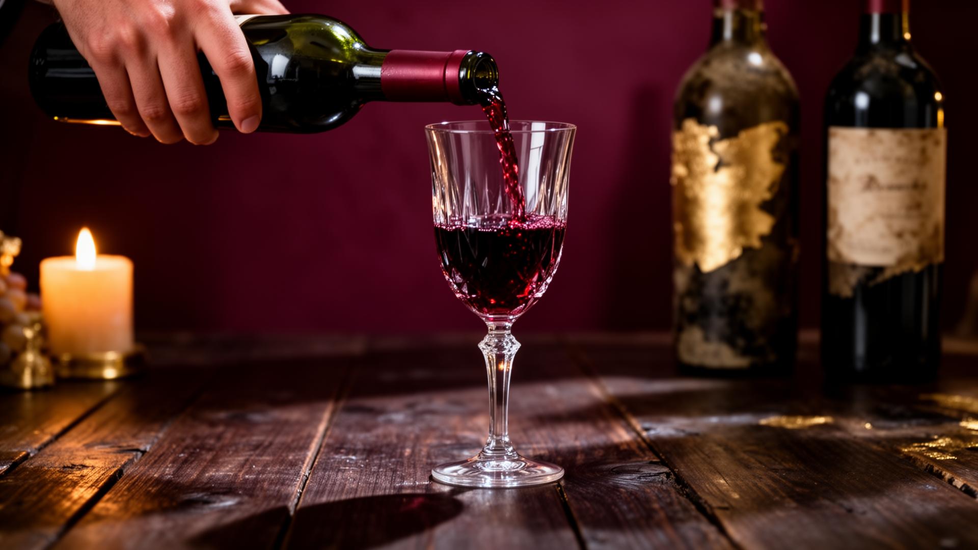 Deep red wine being poured into a crystal glass on an oak table